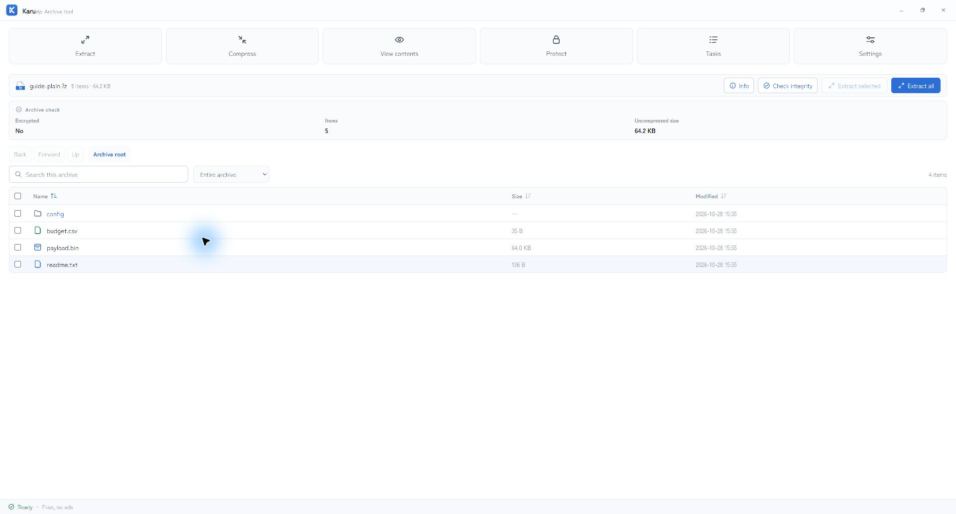 Karuzip in English displaying five items in guide-plain.7z