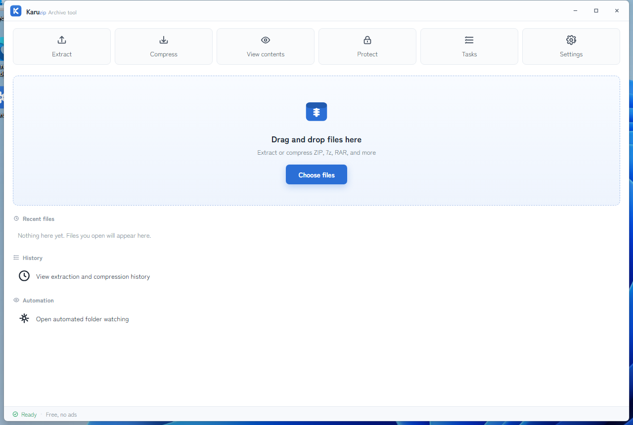 Karuzip home screen in English before creating a protected archive