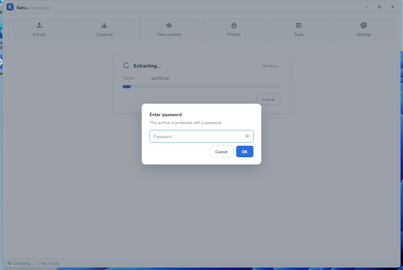 English Karuzip password prompt shown when an archive is encrypted