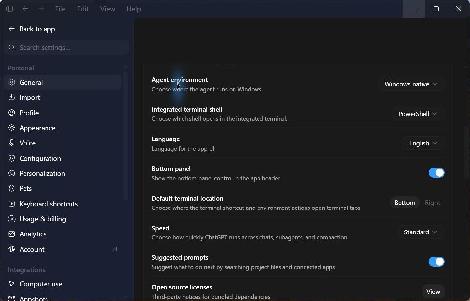 Actual Codex desktop language settings with English selected
