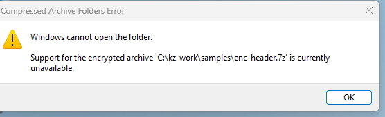 Windows 11 dialog: Windows cannot open the folder. Support for the encrypted archive is currently unavailable.