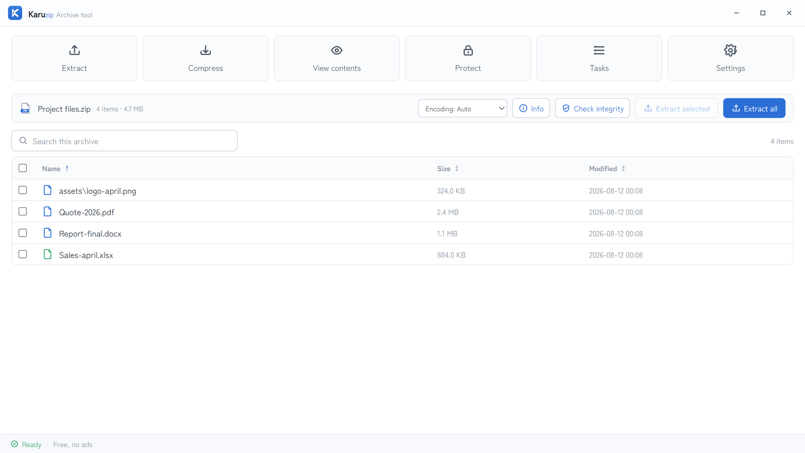 Karuzip archive list in English with search, sorting and extraction controls