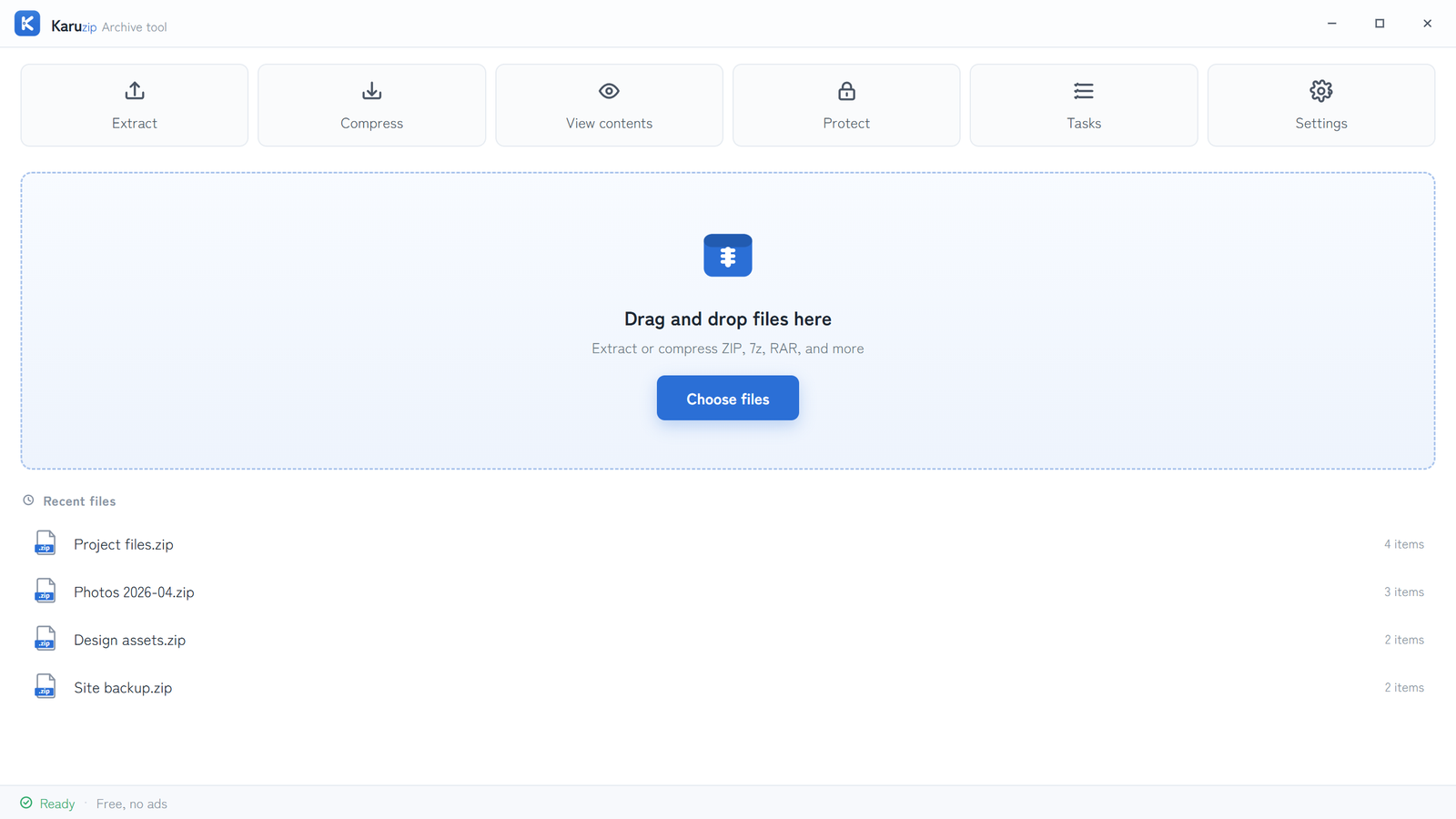 Karuzip home screen in English with Extract, Compress, View contents, Protect, Tasks and Settings